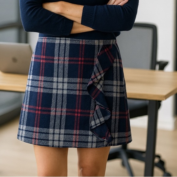 J. Crew Dresses & Skirts - J.Crew Mercantile Plaid Navy and Red Wool Blend Ruffled Mini Skirt Size 6 Lined